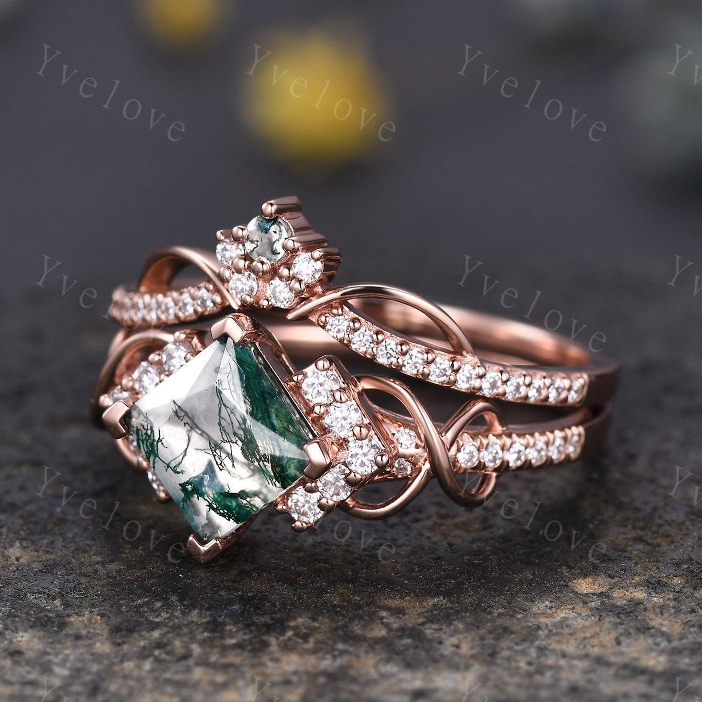 Vintage princess cut green moss agate engagement ring set 14k rose gold women diamond ring unique twist bridal wedding ring handmade gift