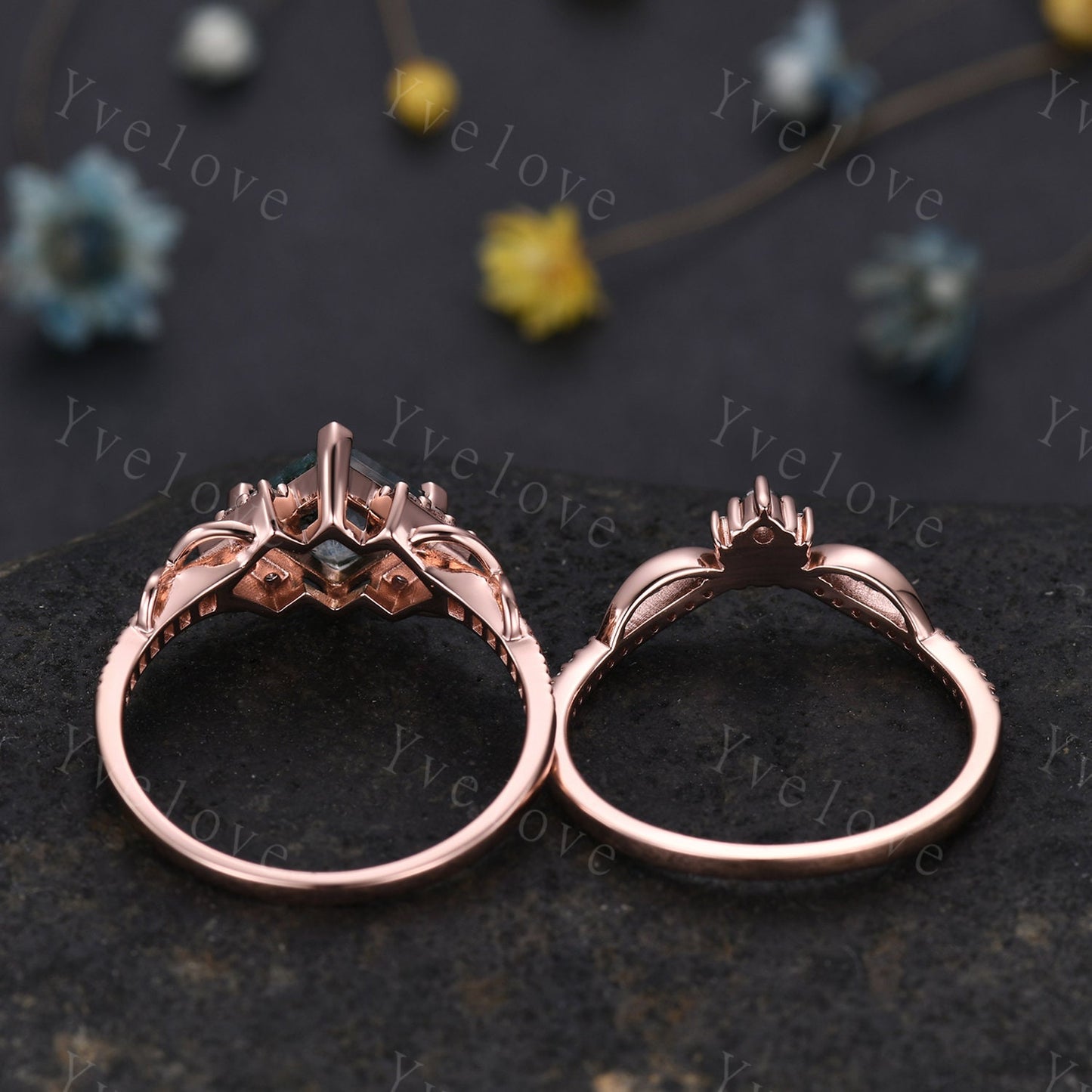 Vintage princess cut green moss agate engagement ring set 14k rose gold women diamond ring unique twist bridal wedding ring handmade gift