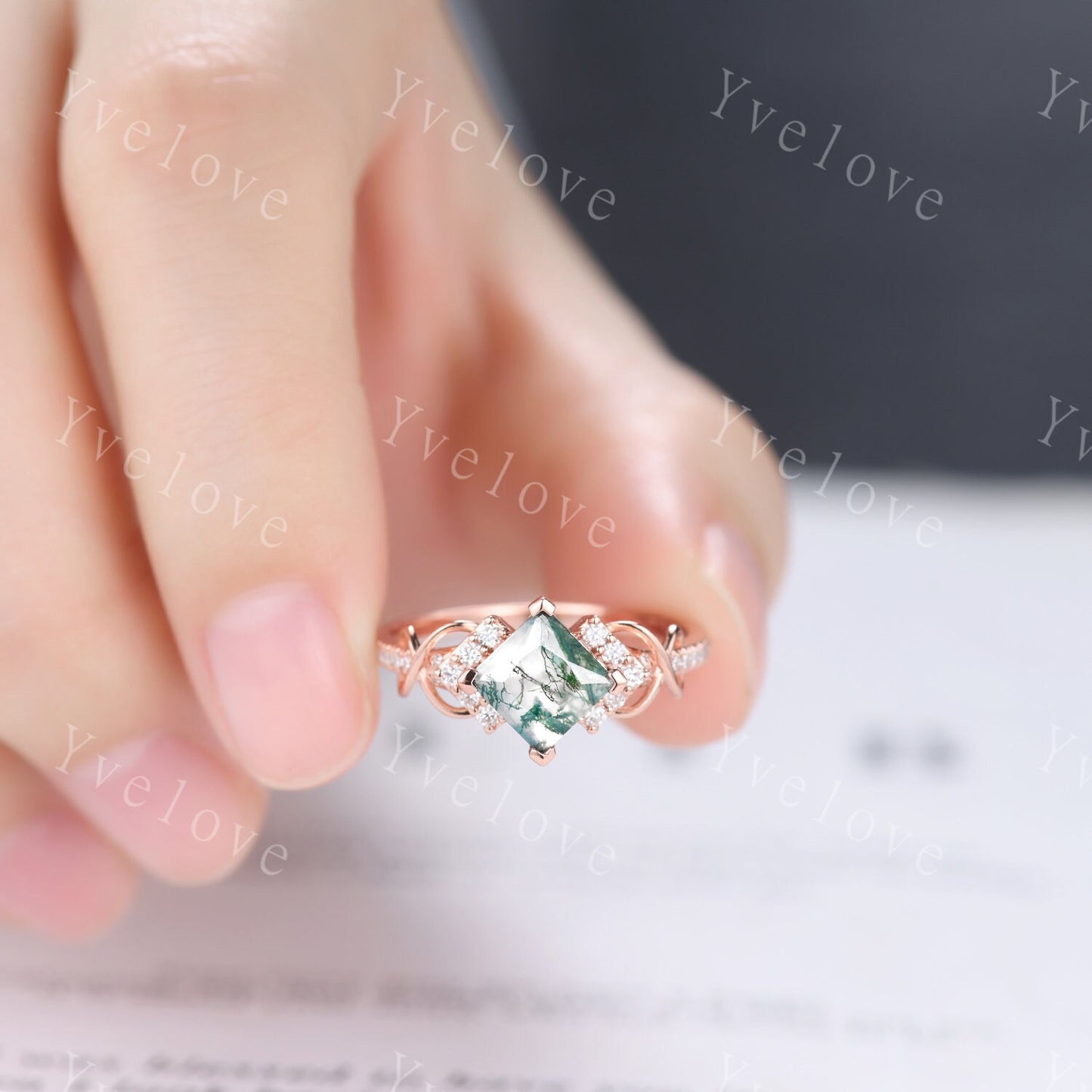 Vintage princess cut green moss agate engagement ring 14k rose gold women diamond ring unique twist bridal wedding ring handmade gift