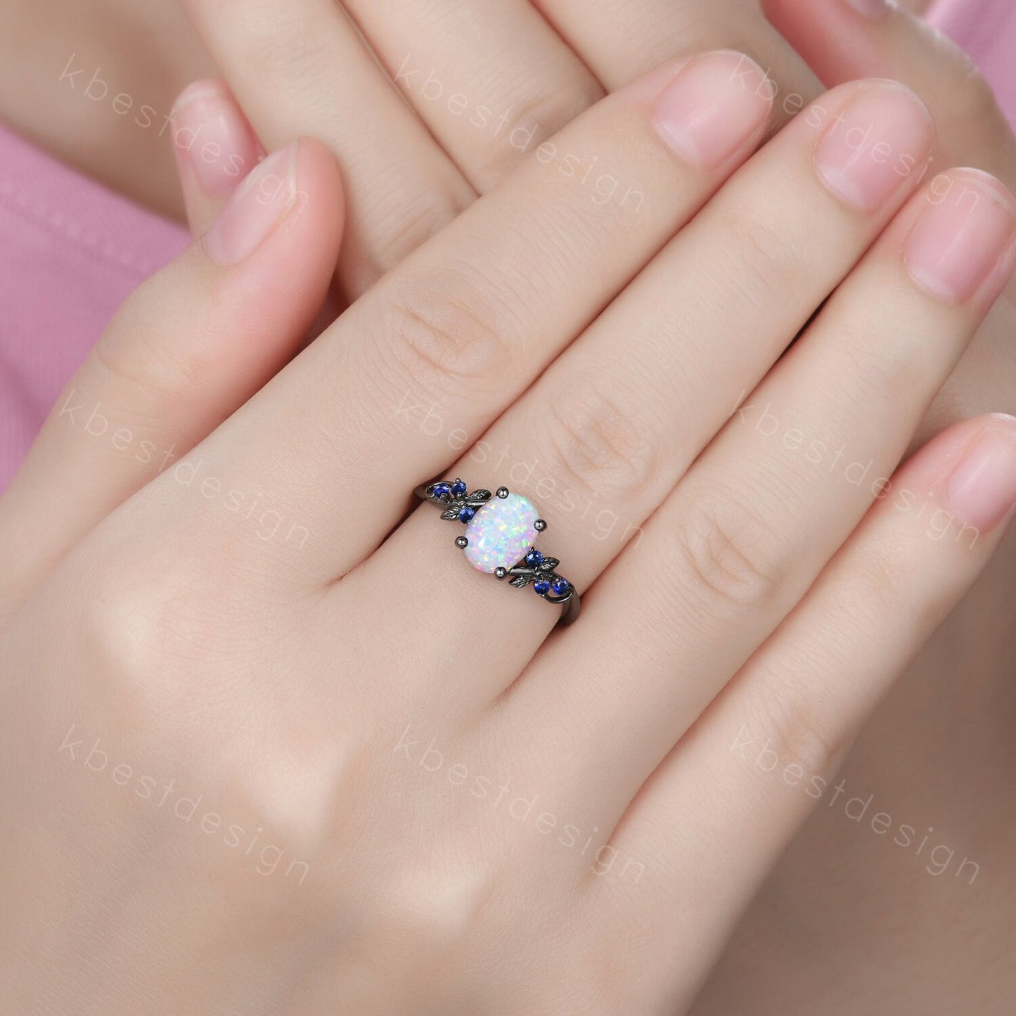 Vintage oval opal engagement ring set black gold rings unique opal blue sapphire wedding ring art deco branch leaf ring promise ring set