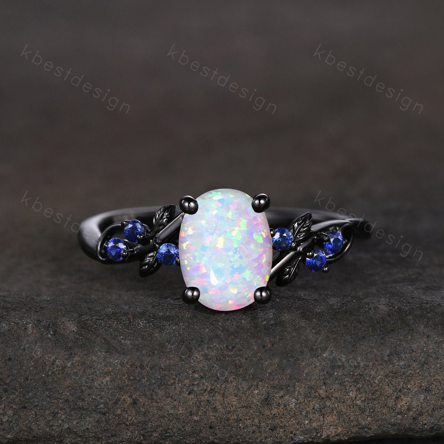 Vintage oval opal engagement ring set black gold rings unique opal blue sapphire wedding ring art deco branch leaf ring promise ring set