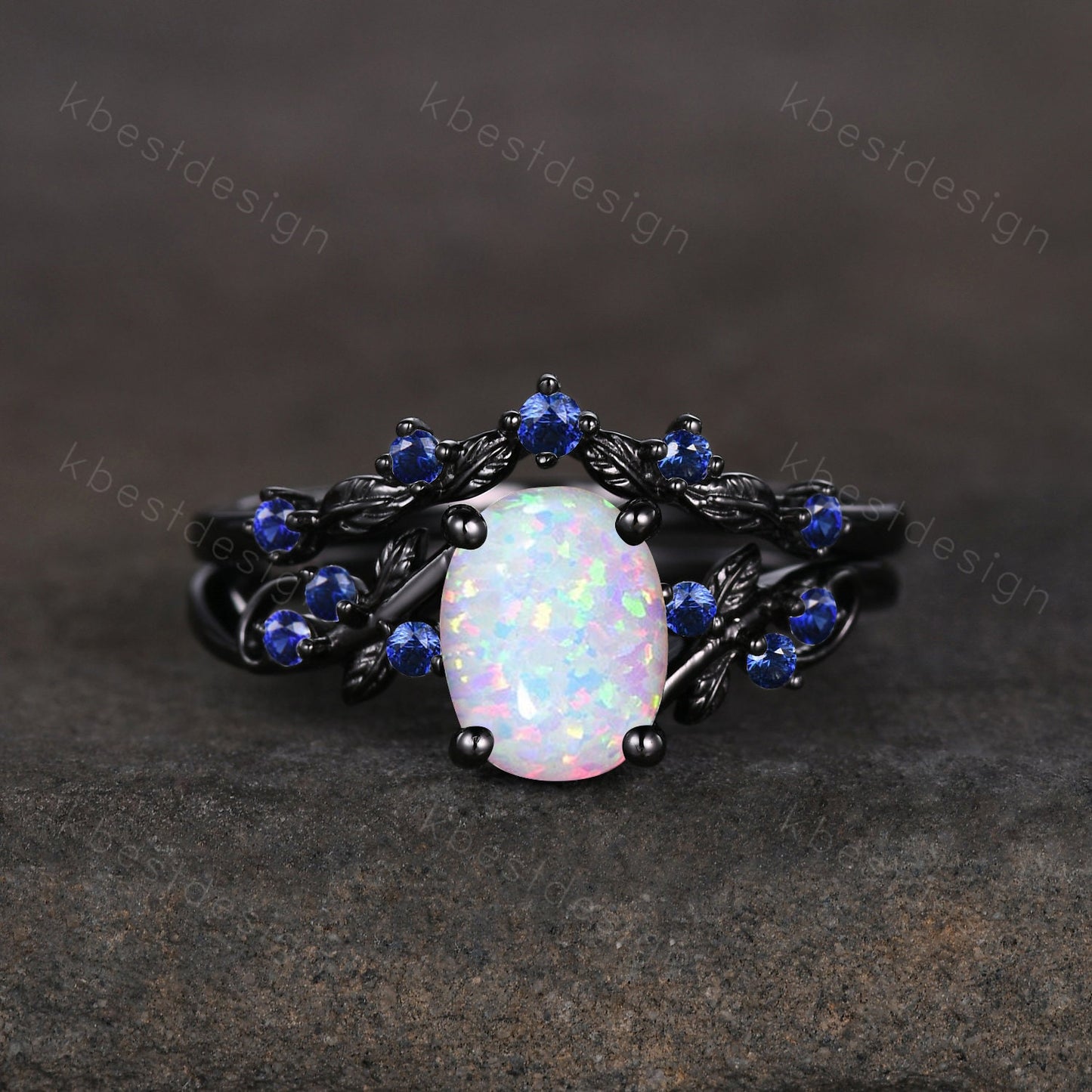 Vintage oval opal engagement ring set black gold rings unique opal blue sapphire wedding ring art deco branch leaf ring promise ring set