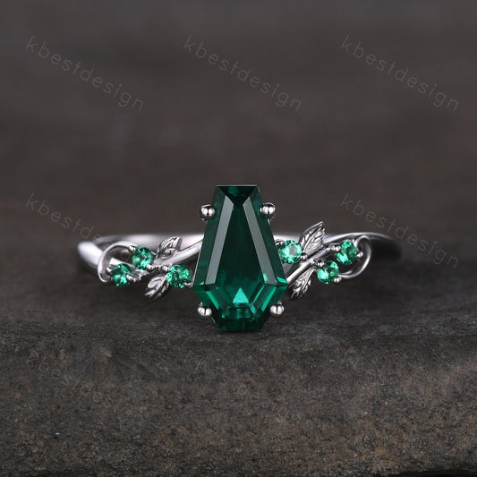 Vintage coffin green emerald engagement ring silver twig leaf emerald wedding ring nature inspired ring art deco bridal promise ring