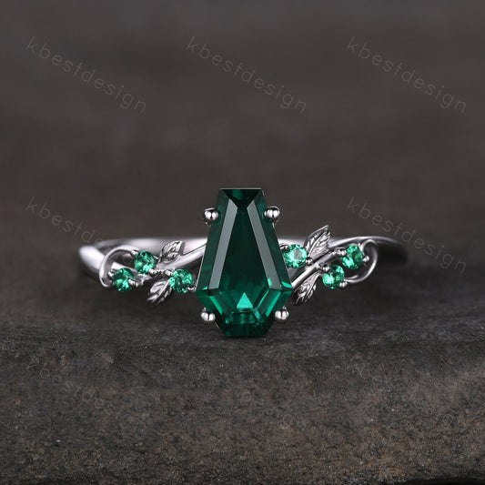 Vintage coffin green emerald engagement ring silver twig leaf emerald wedding ring nature inspired ring art deco bridal promise ring