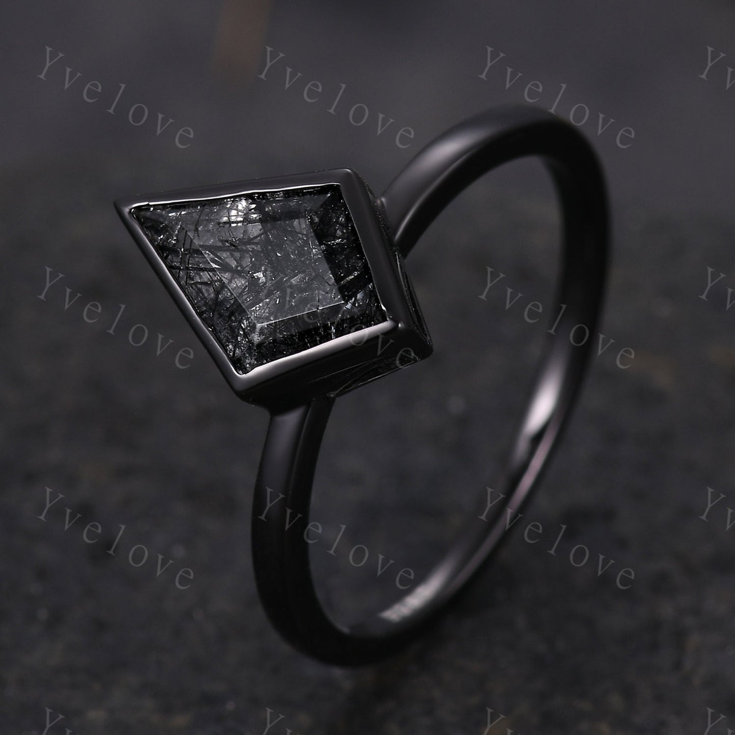 Black Gold Kite Cut Black Rutilated Quartz Engagement Ring Set,Witchy Black Wedding Ring Set,Black Promise Ring,Gothic Black Bridal Set Gift