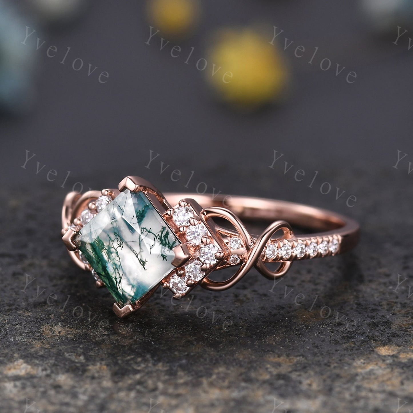 Vintage princess cut green moss agate engagement ring 14k rose gold women diamond ring unique twist bridal wedding ring handmade gift