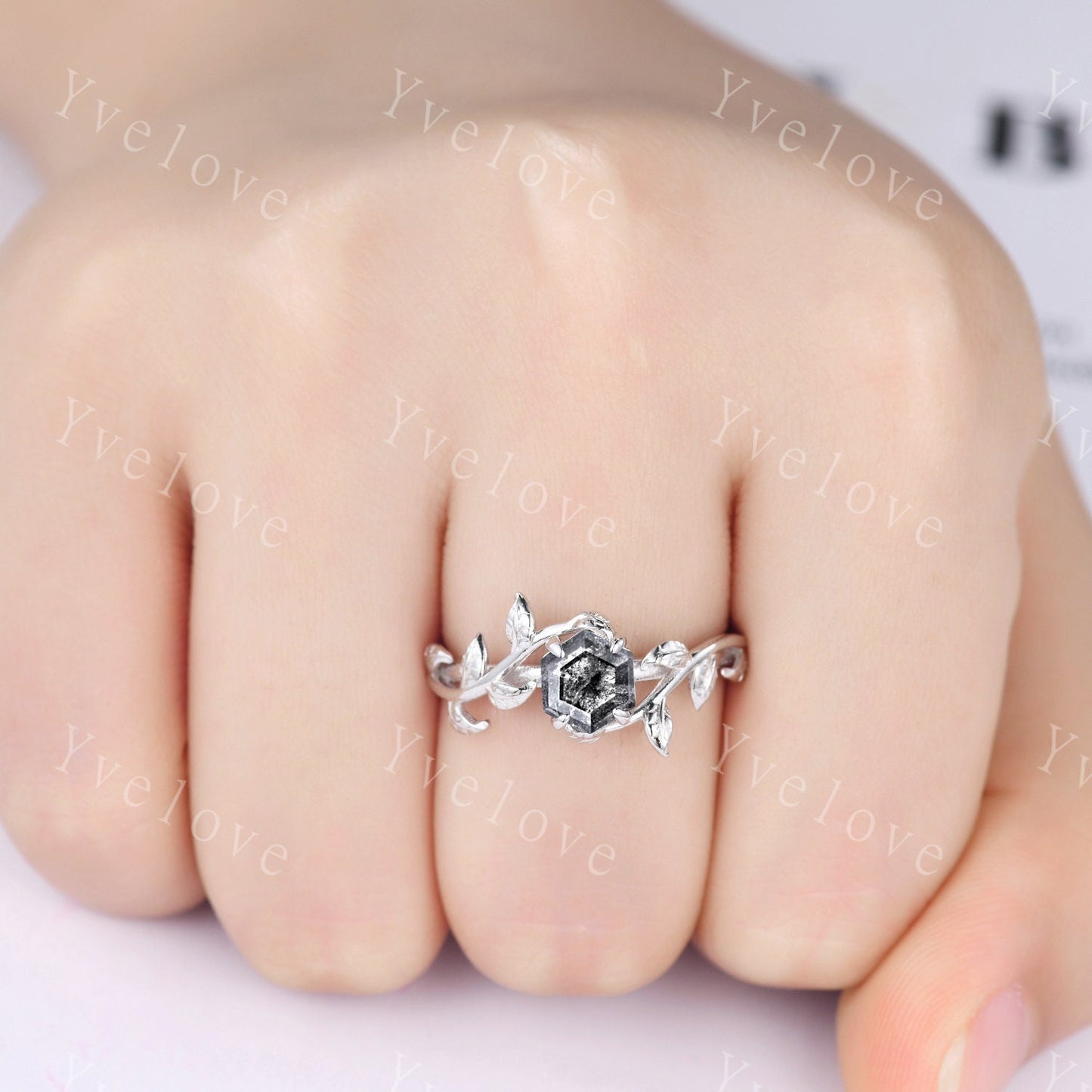 Hexagon Salt Pepper Diamond Ring,Vintage Twig Vine Leaf Ring,Unique Diamond Engagement Ring,Alexandrite Ring,Women Promise Bridal Ring Gift
