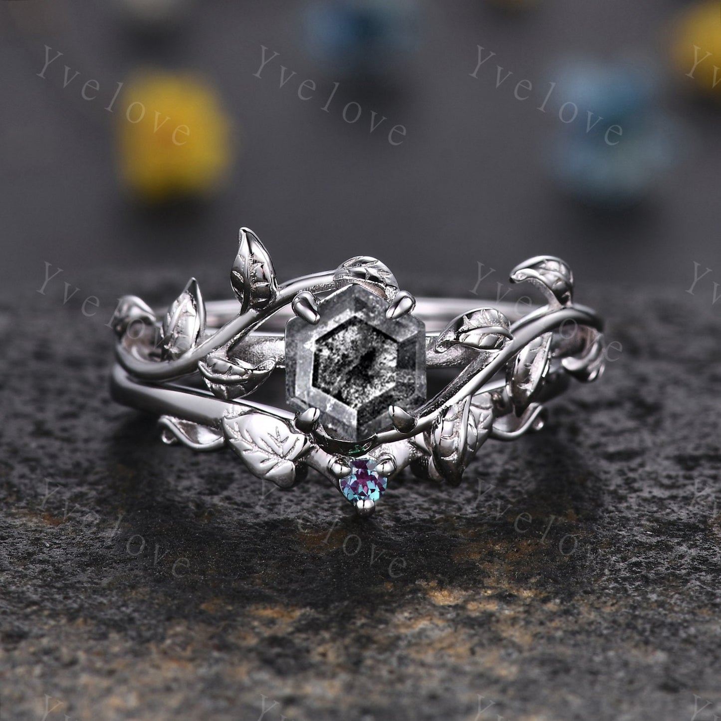 Hexagon Salt Pepper Diamond Ring,Vintage Twig Vine Leaf Ring,Unique Diamond Engagement Ring,Alexandrite Ring,Women Promise Bridal Ring Gift