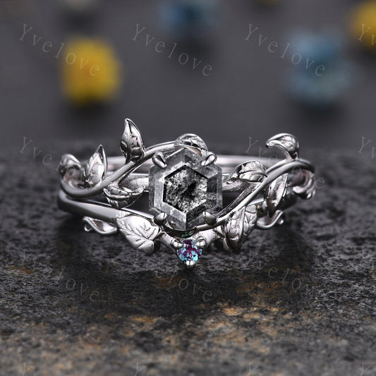Hexagon Salt Pepper Diamond Ring,Vintage Twig Vine Leaf Ring,Unique Diamond Engagement Ring,Alexandrite Ring,Women Promise Bridal Ring Gift