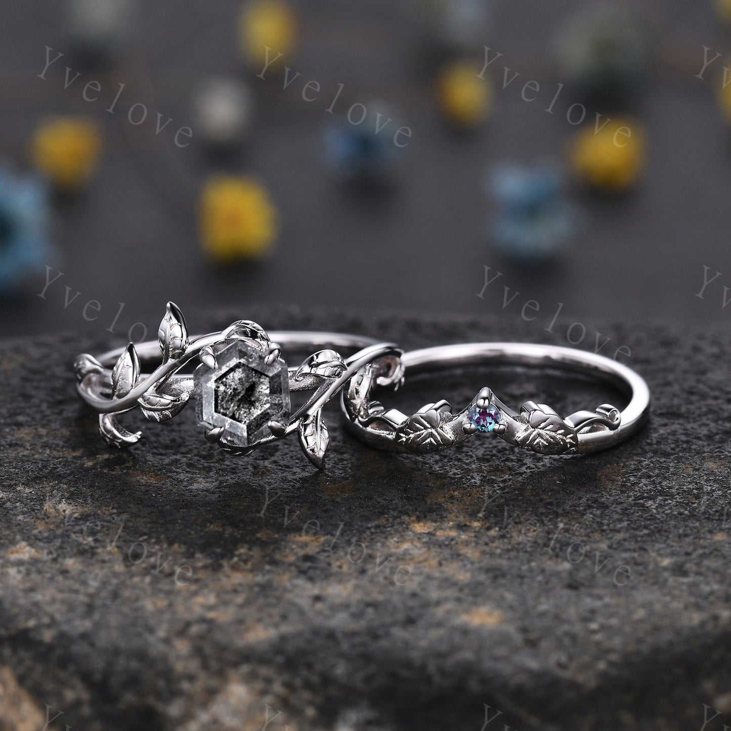 Hexagon Salt Pepper Diamond Ring,Vintage Twig Vine Leaf Ring,Unique Diamond Engagement Ring,Alexandrite Ring,Women Promise Bridal Ring Gift
