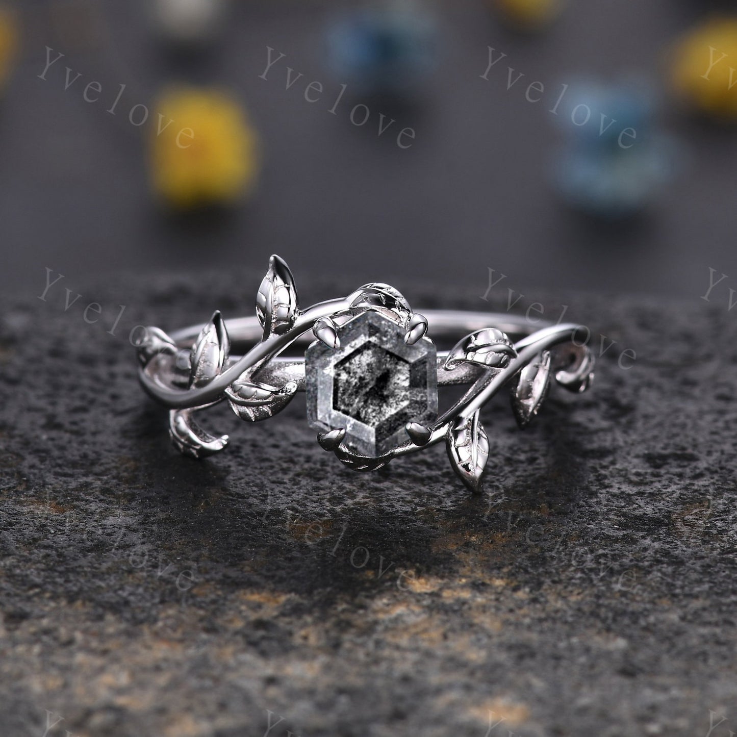 Hexagon Salt Pepper Diamond Ring,Vintage Twig Vine Leaf Ring,Unique Diamond Engagement Ring,Women Promise Bridal Ring Anniversary Gift