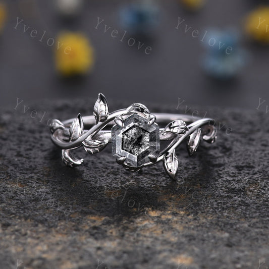 Hexagon Salt Pepper Diamond Ring,Vintage Twig Vine Leaf Ring,Unique Diamond Engagement Ring,Women Promise Bridal Ring Anniversary Gift
