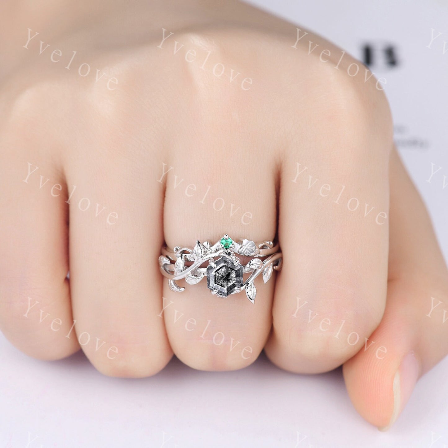 Hexagon Salt Pepper Diamond Ring,Vintage Twig Vine Leaf Ring,Unique Diamond Engagement Ring,Women Promise Bridal Ring Anniversary Gift