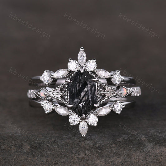 Antique Black Rutilated Quartz Engagement Ring Set Hexagon cut Engagement Ring Unique Art Deco Moissanite Stacking Matching Band Promise Set