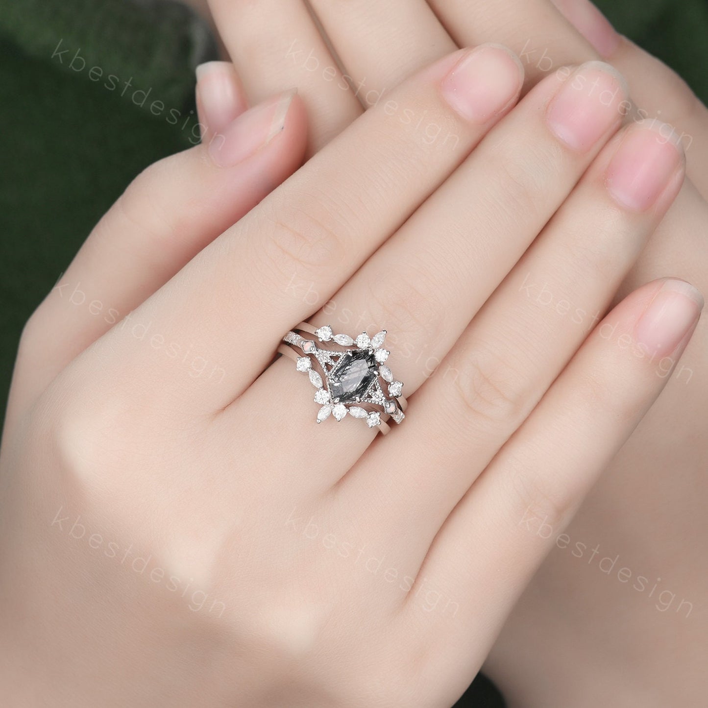 Antique Black Rutilated Quartz Engagement Ring Set Hexagon cut Engagement Ring Unique Art Deco Moissanite Stacking Matching Band Promise Set