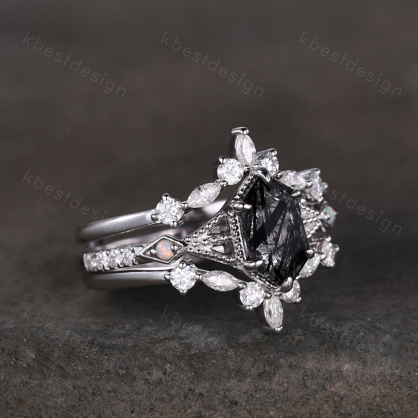 Antique Black Rutilated Quartz Engagement Ring Set Hexagon cut Engagement Ring Unique Art Deco Moissanite Stacking Matching Band Promise Set