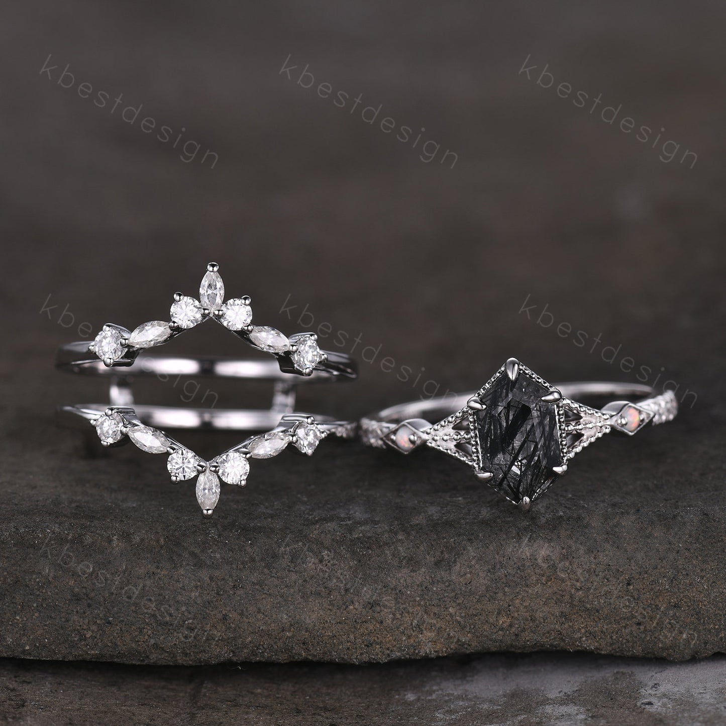 Antique Black Rutilated Quartz Engagement Ring Set Hexagon cut Engagement Ring Unique Art Deco Moissanite Stacking Matching Band Promise Set