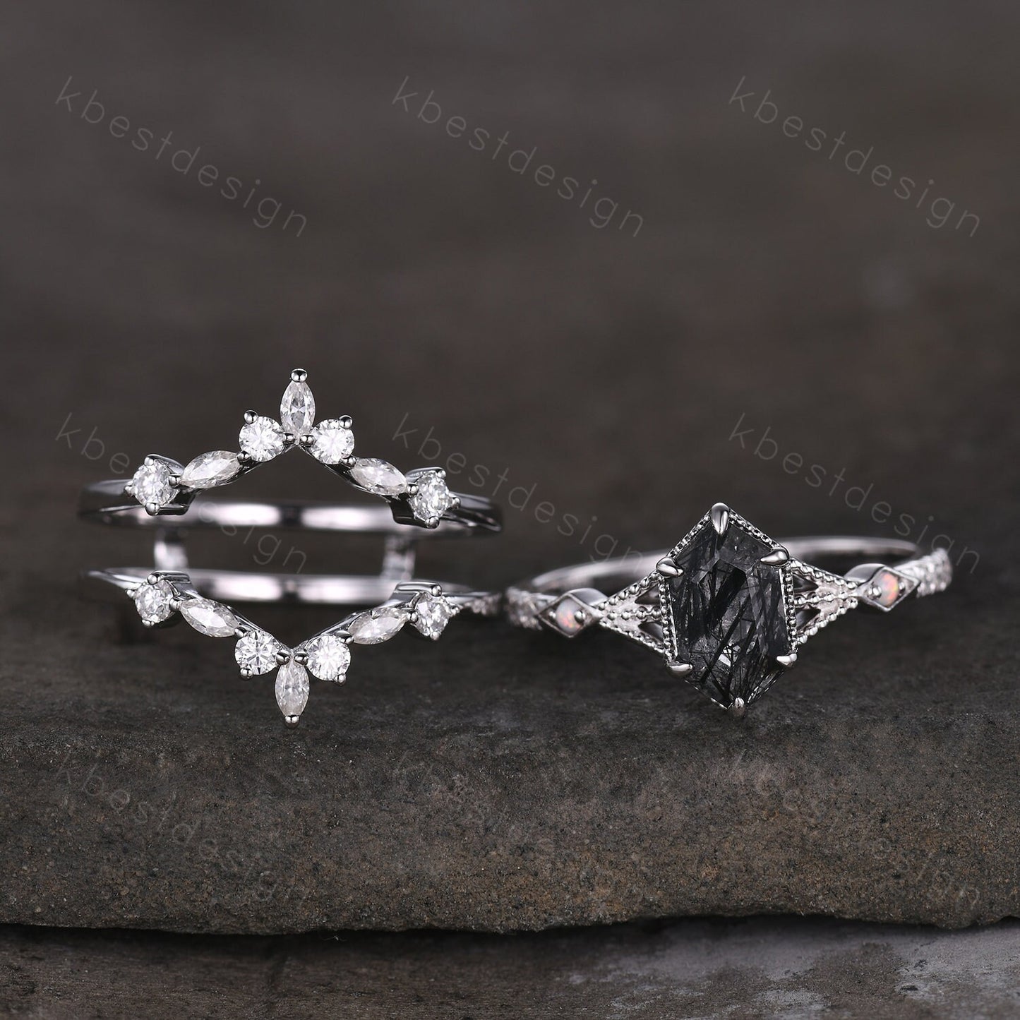 Antique Black Rutilated Quartz Engagement Ring Set Hexagon cut Engagement Ring Unique Art Deco Moissanite Stacking Matching Band Promise Set