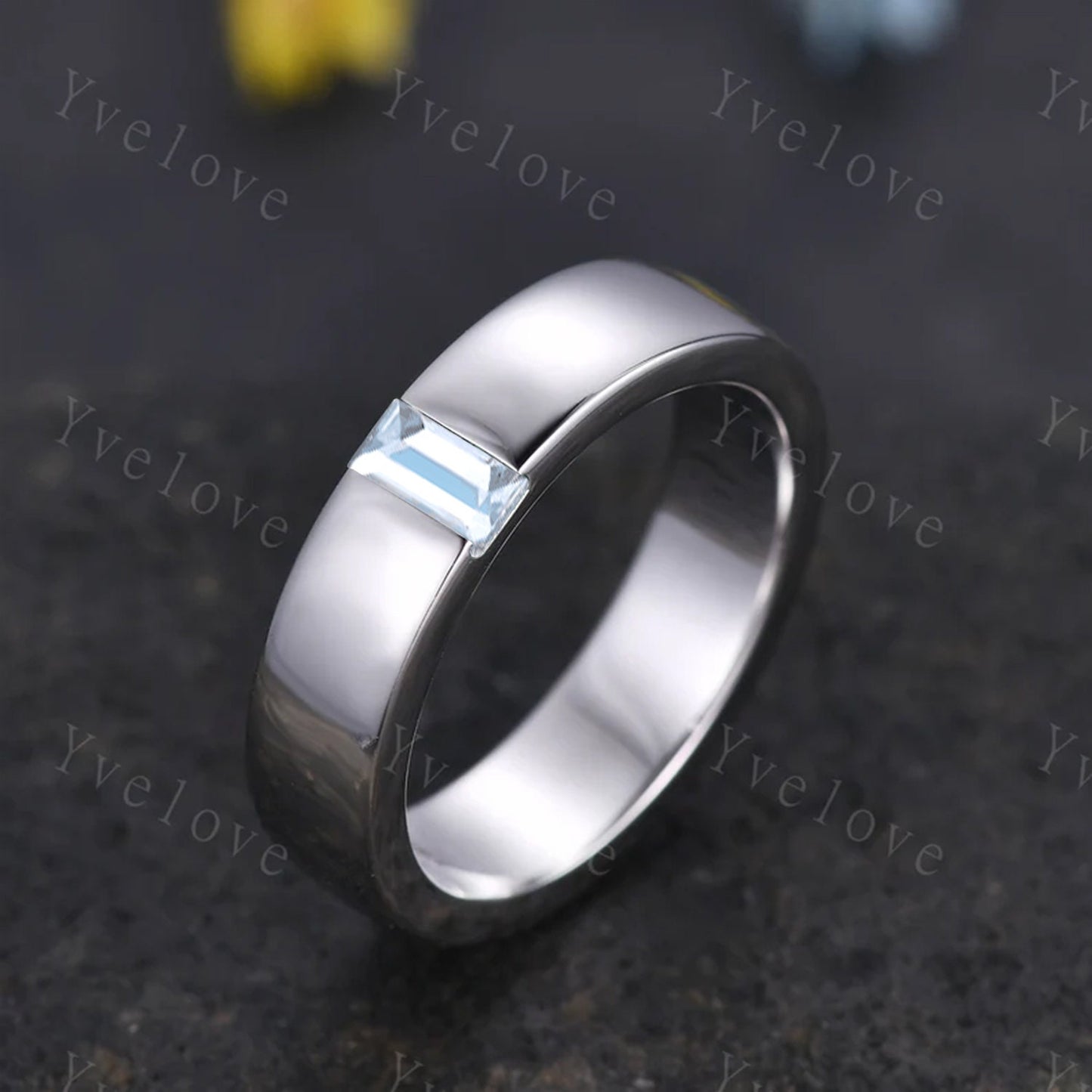 Mens Aquamarine Wedding Band Baguette Cut Blue Gem Band 5mm Solid Gold Ring Mens Solitaire Stacking Matching Band Retro Vintage Ring Gift