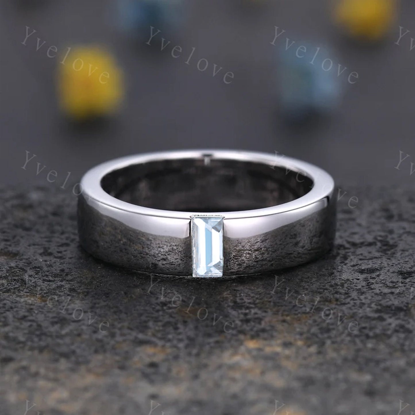 Mens Aquamarine Wedding Band Baguette Cut Blue Gem Band 5mm Solid Gold Ring Mens Solitaire Stacking Matching Band Retro Vintage Ring Gift
