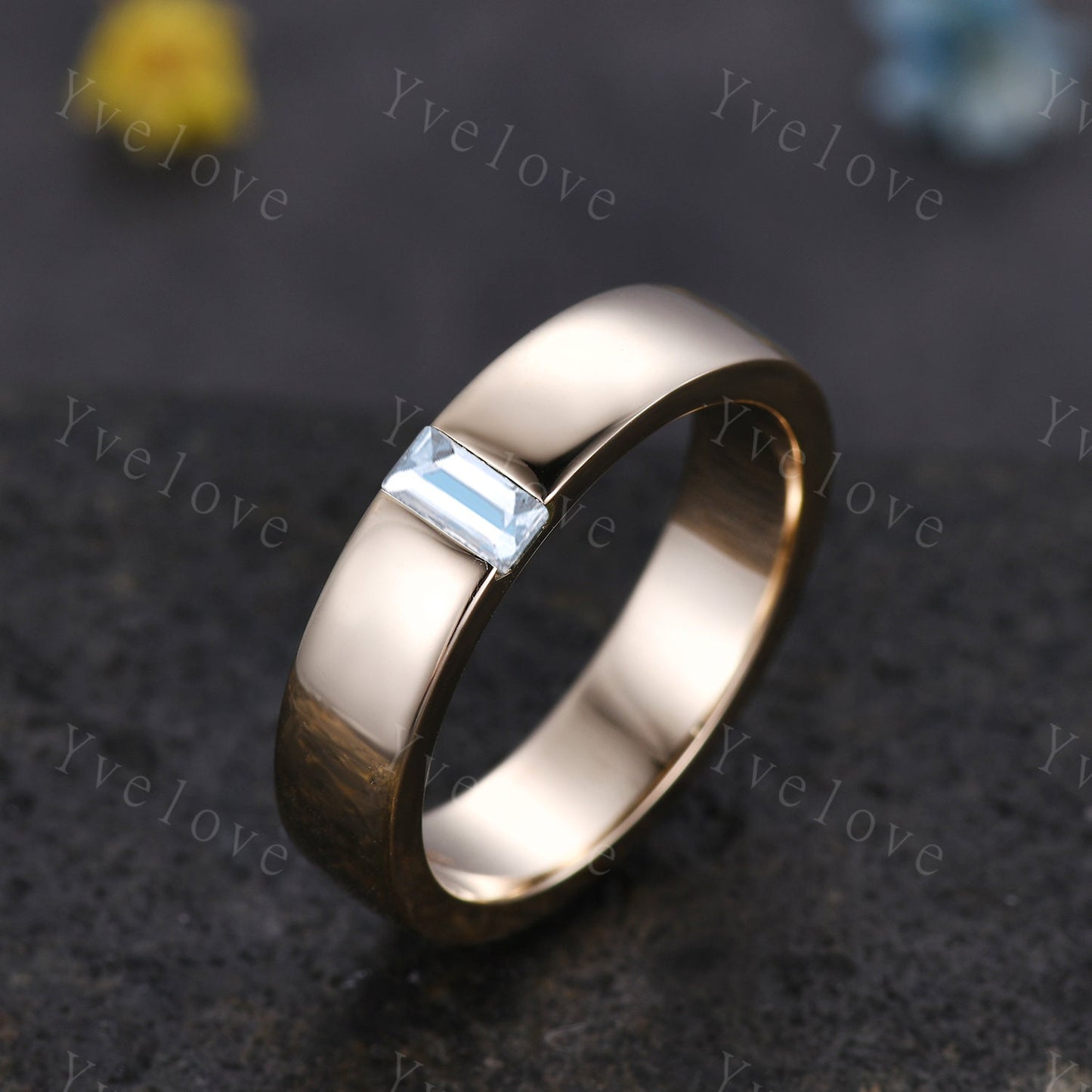 Mens Aquamarine Wedding Band Baguette Cut Blue Gem Band 5mm Solid Gold Ring Mens Solitaire Stacking Matching Band Retro Vintage Ring Gift