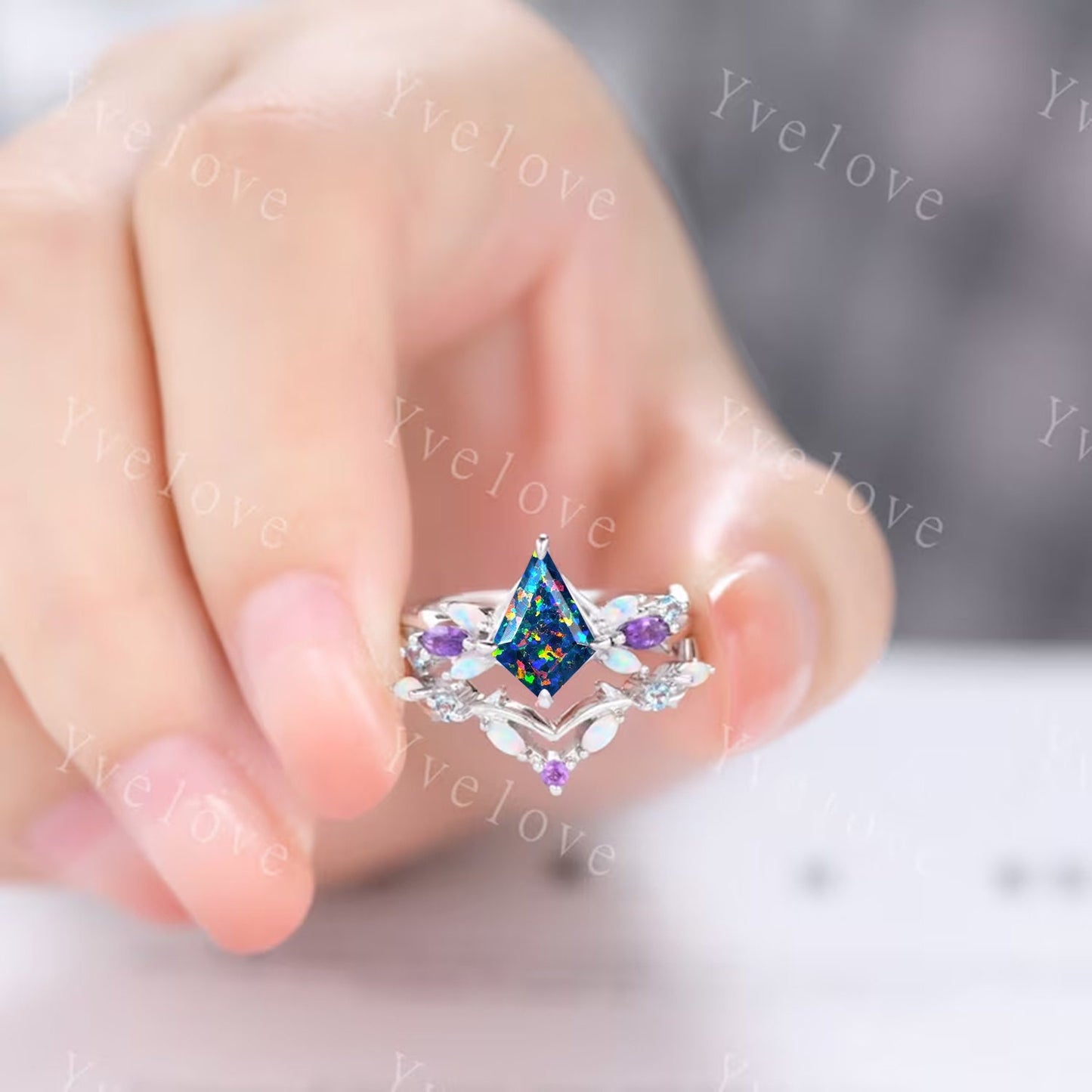 Vintage Kite Black Opal Engagement Ring,Black Gold Ring,Vines Amethyst Opal Ring,Women Bridal Set,Unique Twig Anniversary Promise Ring Gift