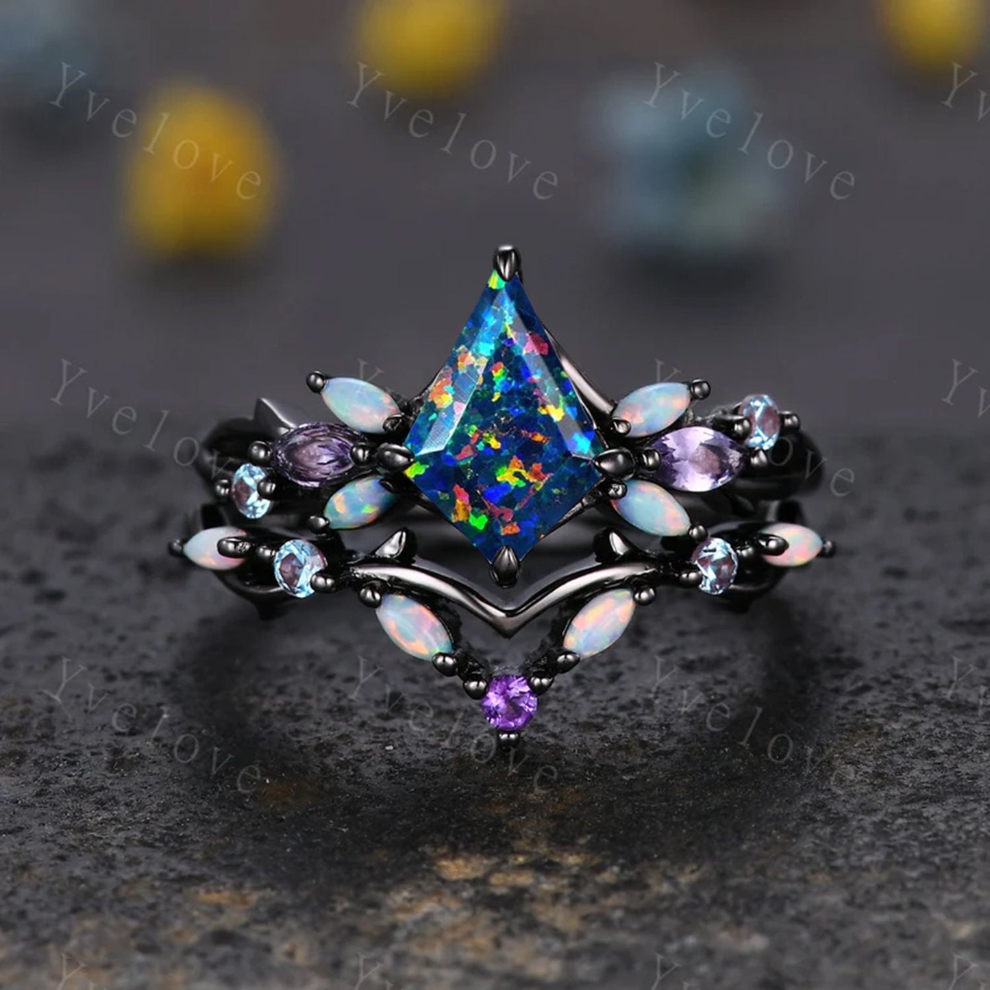 Vintage Kite Black Opal Engagement Ring Set,Black Gold,Vines Amethyst Opal Ring,Women Bridal Set,Unique Twig Anniversary Promise Ring Gift