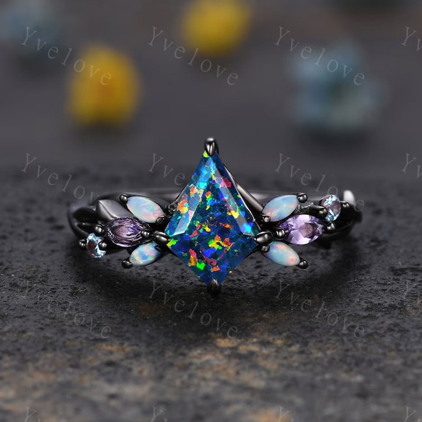 Vintage Kite Black Opal Engagement Ring,Black Gold Ring,Vines Amethyst Opal Ring,Women Bridal Set,Unique Twig Anniversary Promise Ring Gift