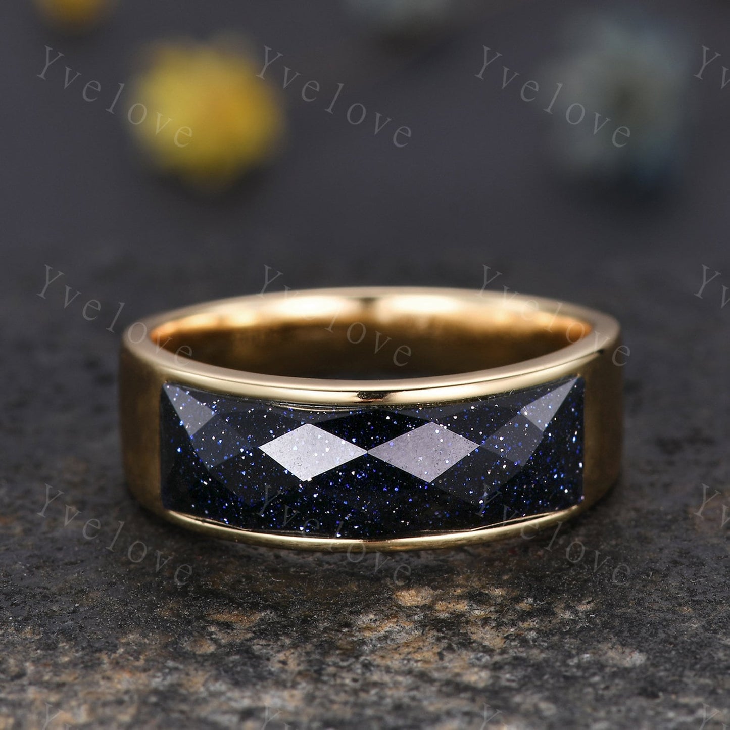 Space Galaxy Ring Unisex Gold Band Blue Sandstone Wedding Band Couples Ring Set His and Hers Sterling Silver Matching Couples Promise Ring