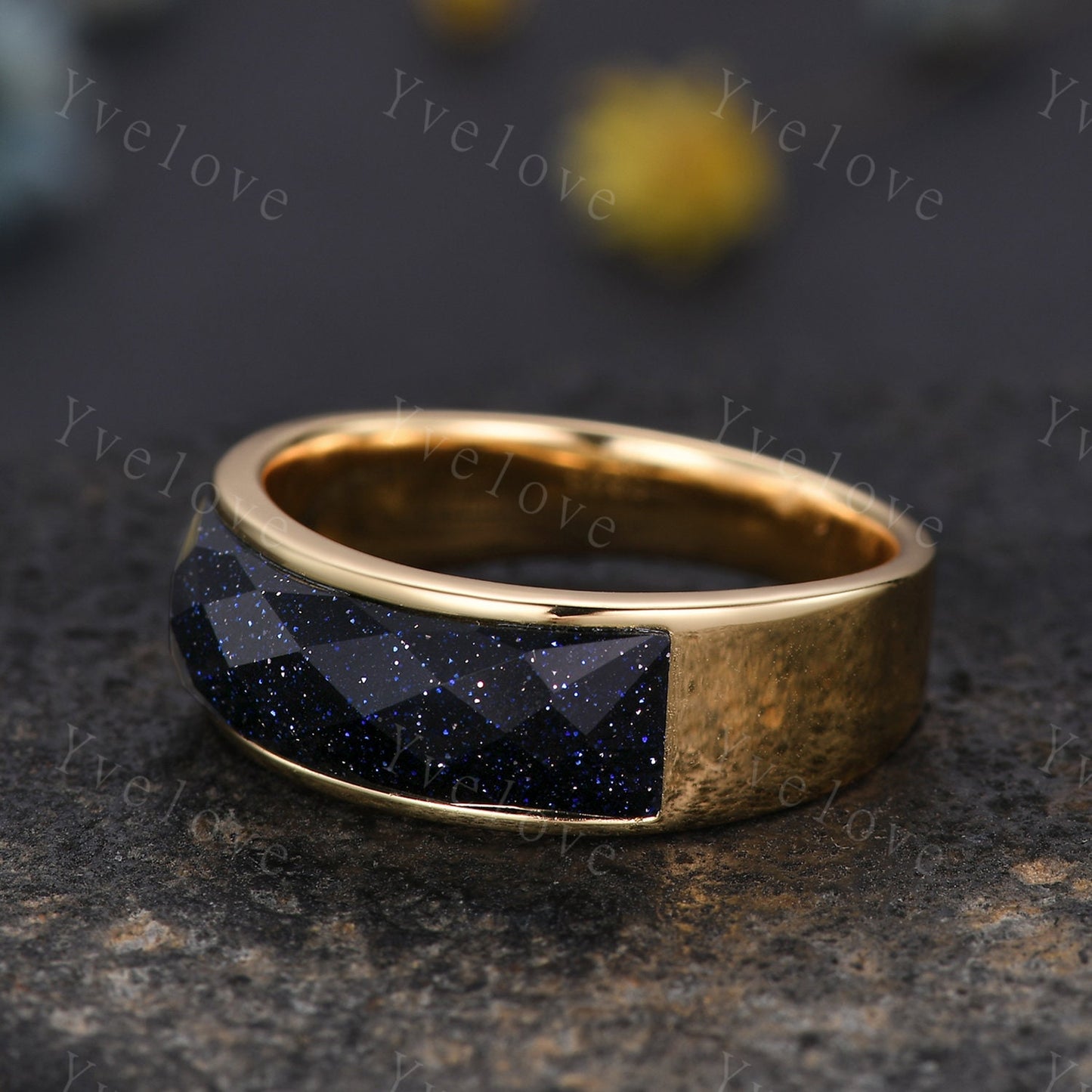 Space Galaxy Ring Unisex Gold Band Blue Sandstone Wedding Band Couples Ring Set His and Hers Sterling Silver Matching Couples Promise Ring