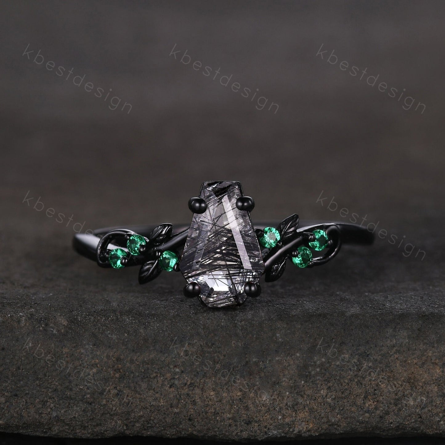Coffin cut black rutilated quartz engagement ring Black gold ring Art deco leaf design emerald wedding ring nature inspired promise ring