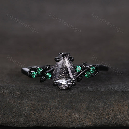 Coffin cut black rutilated quartz engagement ring Black gold ring Art deco leaf design emerald wedding ring nature inspired promise ring