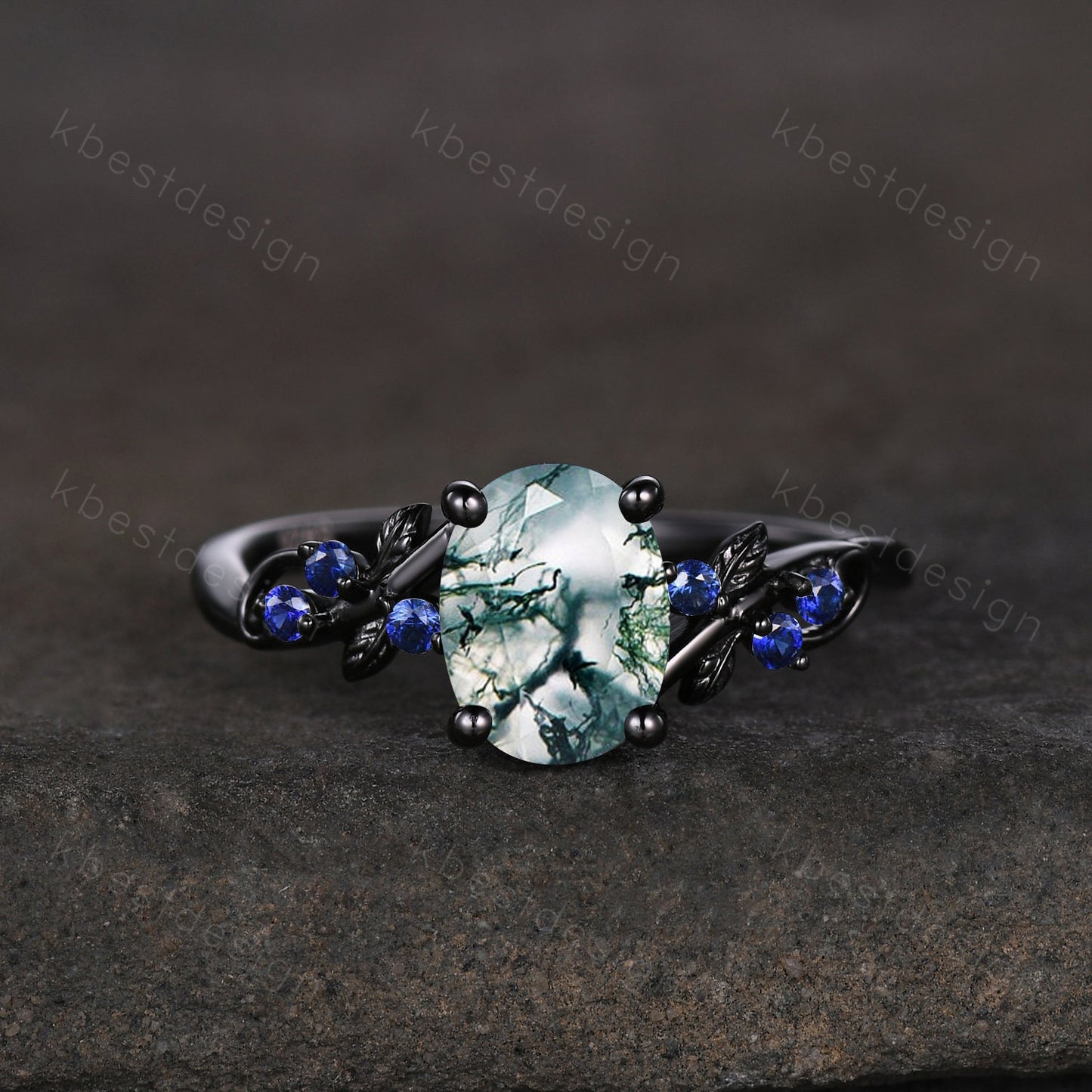 Vintage oval moss agate engagement ring set black gold twig leaf sapphire ring nature branch ring unique art deco bridal wedding ring set