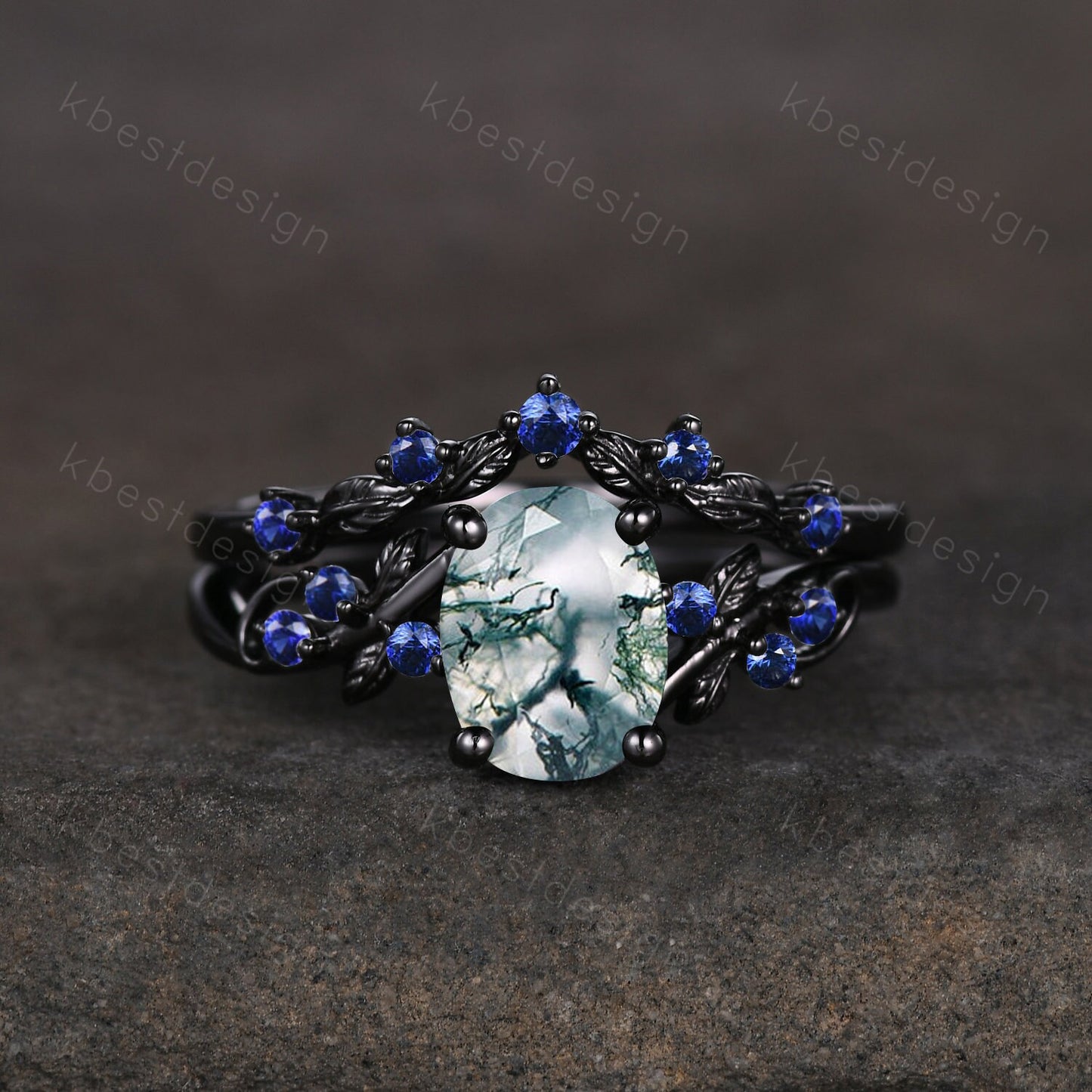 Vintage oval moss agate engagement ring set black gold twig leaf sapphire ring nature branch ring unique art deco bridal wedding ring set