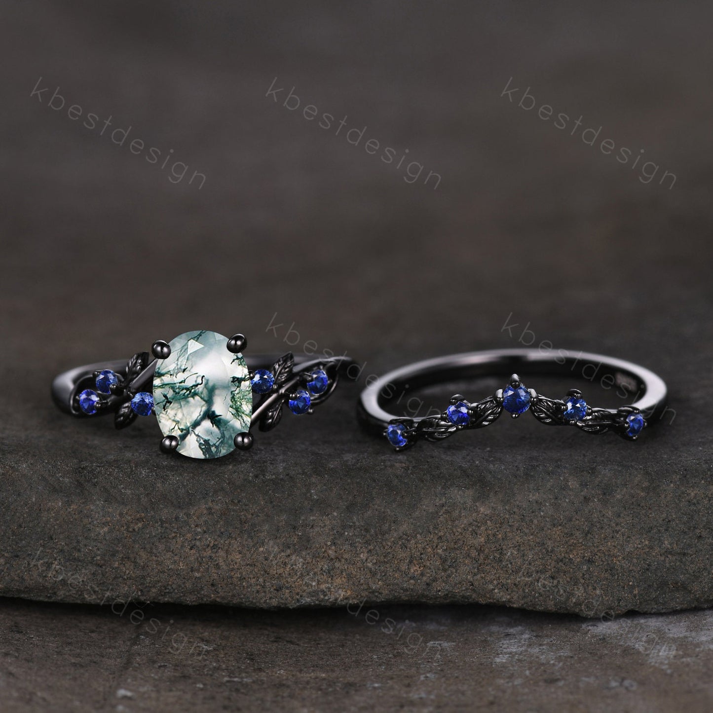 Vintage oval moss agate engagement ring set black gold twig leaf sapphire ring nature branch ring unique art deco bridal wedding ring set