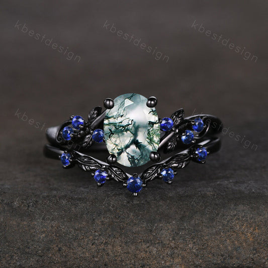 Vintage oval moss agate engagement ring set black gold twig leaf sapphire ring nature branch ring unique art deco bridal wedding ring set