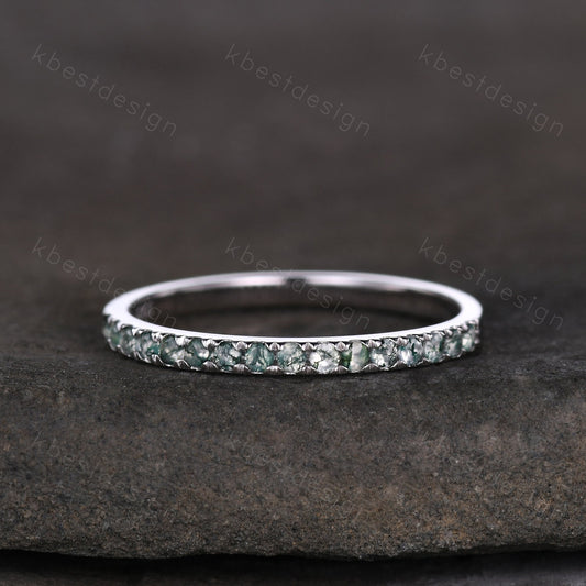 1.5mm moss agate wedding band sterling silver half eternity band green agate stacking matching band gemstone band promise anniversary ring