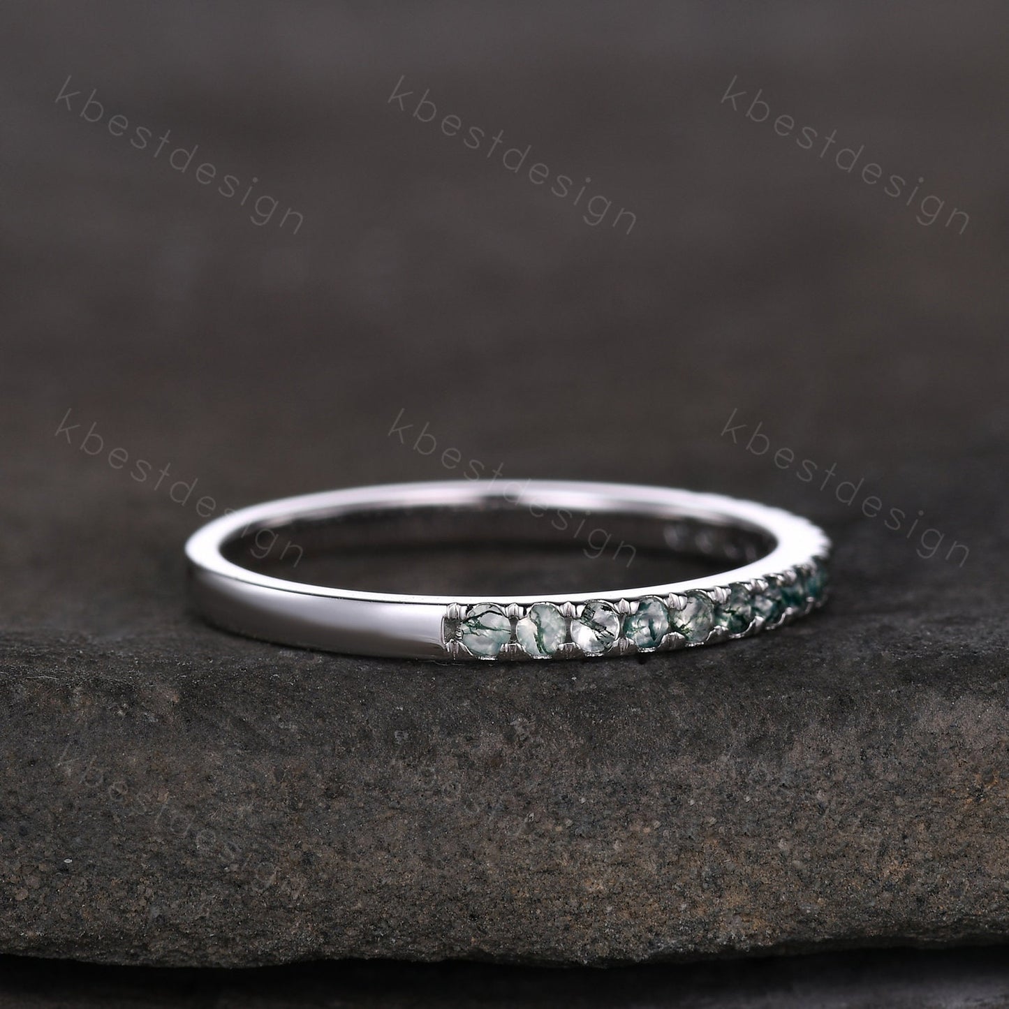 1.5mm moss agate wedding band sterling silver half eternity band green agate stacking matching band gemstone band promise anniversary ring