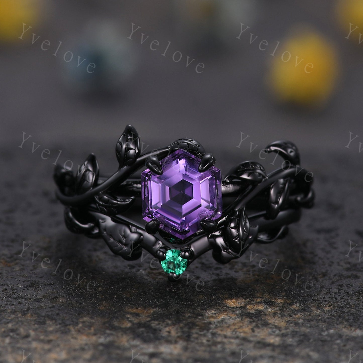 Hexagon Amethyst Ring,Vintage Twig Vine Leaf Ring,Unique Amethyst Engagement Ring,Purple Amethyst Ring,Silver Black Promise Bridal Ring Gift