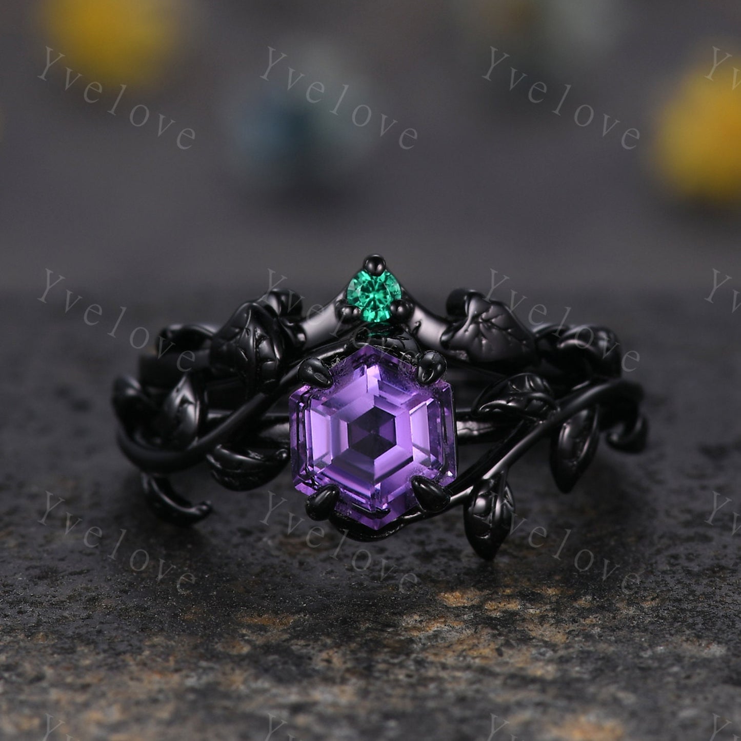 Hexagon Amethyst Ring Set,Vintage Twig Vine Leaf Ring,Unique Amethyst Engagement Ring,Emerald Ring,Rhodium Black Promise Bridal Ring Gift