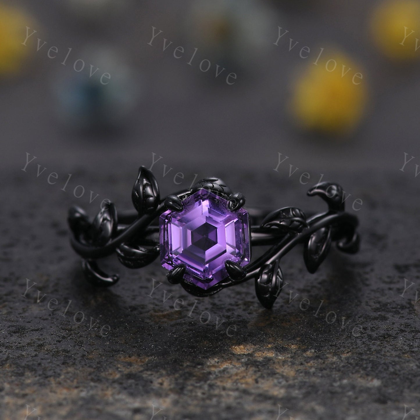Hexagon Amethyst Ring Set,Vintage Twig Vine Leaf Ring,Unique Amethyst Engagement Ring,Emerald Ring,Rhodium Black Promise Bridal Ring Gift
