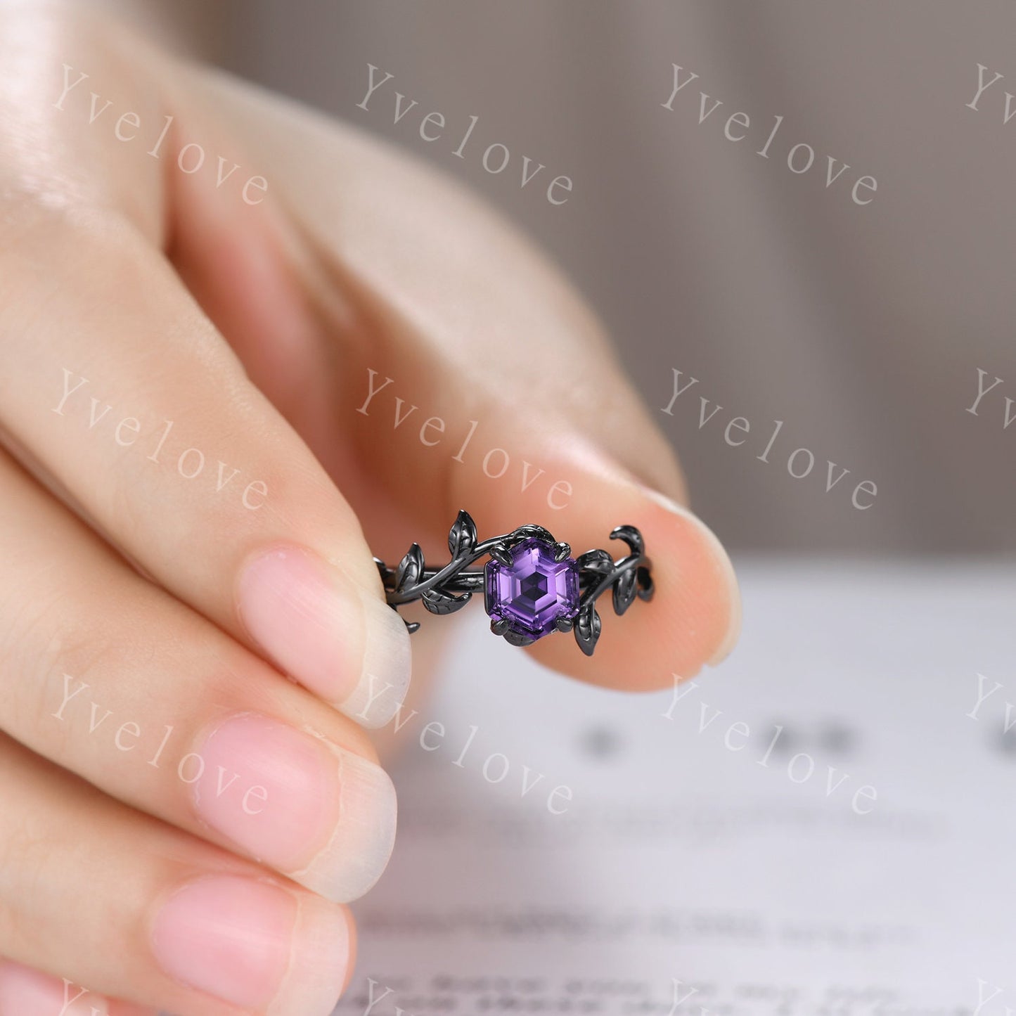 Hexagon Amethyst Ring Set,Vintage Twig Vine Leaf Ring,Unique Amethyst Engagement Ring,Emerald Ring,Rhodium Black Promise Bridal Ring Gift