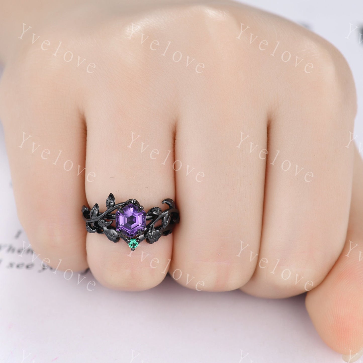 Hexagon Amethyst Ring,Vintage Twig Vine Leaf Ring,Unique Amethyst Engagement Ring,Purple Amethyst Ring,Silver Black Promise Bridal Ring Gift