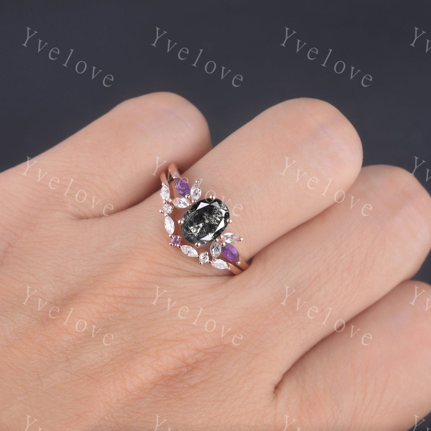 Vintage Oval Salt Pepper Diamond Engagement Ring Rose Gold Women Moissanite Amethyst Gem Matching Band Promise Stacking Ring Gift For Her