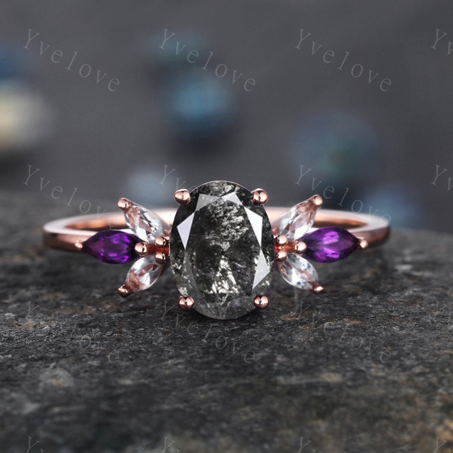 Vintage Oval Salt Pepper Diamond Engagement Ring Rose Gold Women Moissanite Amethyst Gem Matching Band Promise Stacking Ring Gift For Her