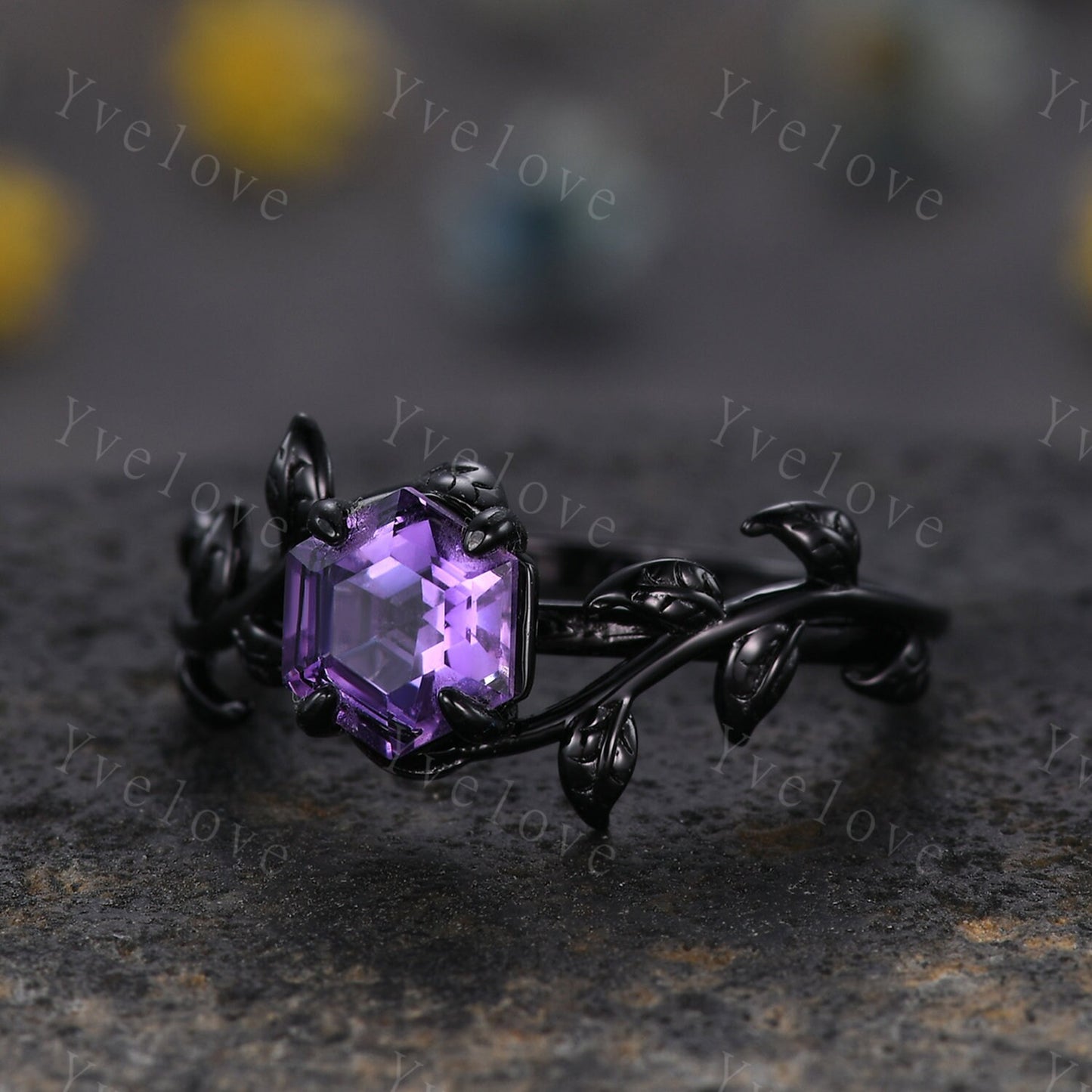 Hexagon Amethyst Ring,Vintage Twig Vine Leaf Ring,Unique Amethyst Engagement Ring,Purple Amethyst Ring,Silver Black Promise Bridal Ring Gift