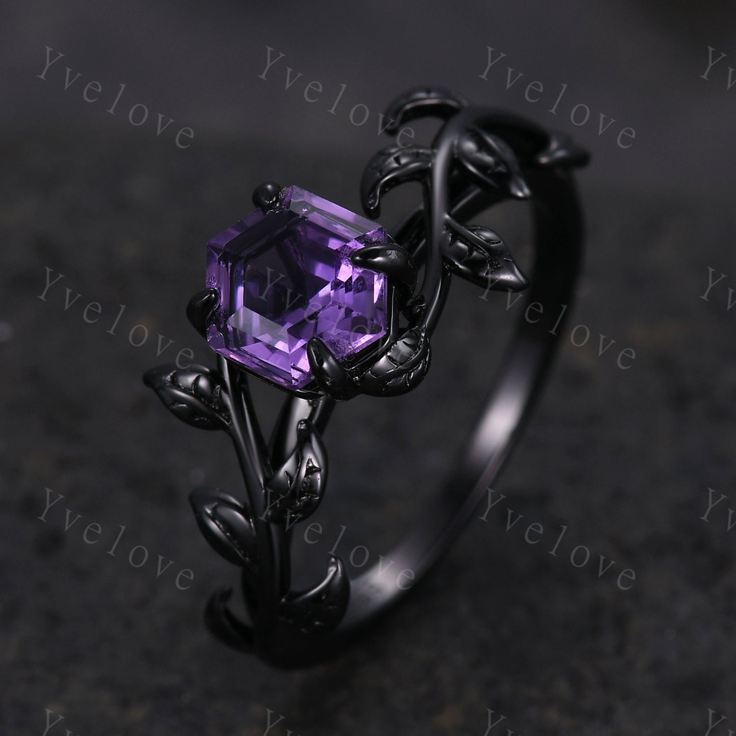 Hexagon Amethyst Ring,Vintage Twig Vine Leaf Ring,Unique Amethyst Engagement Ring,Purple Amethyst Ring,Silver Black Promise Bridal Ring Gift