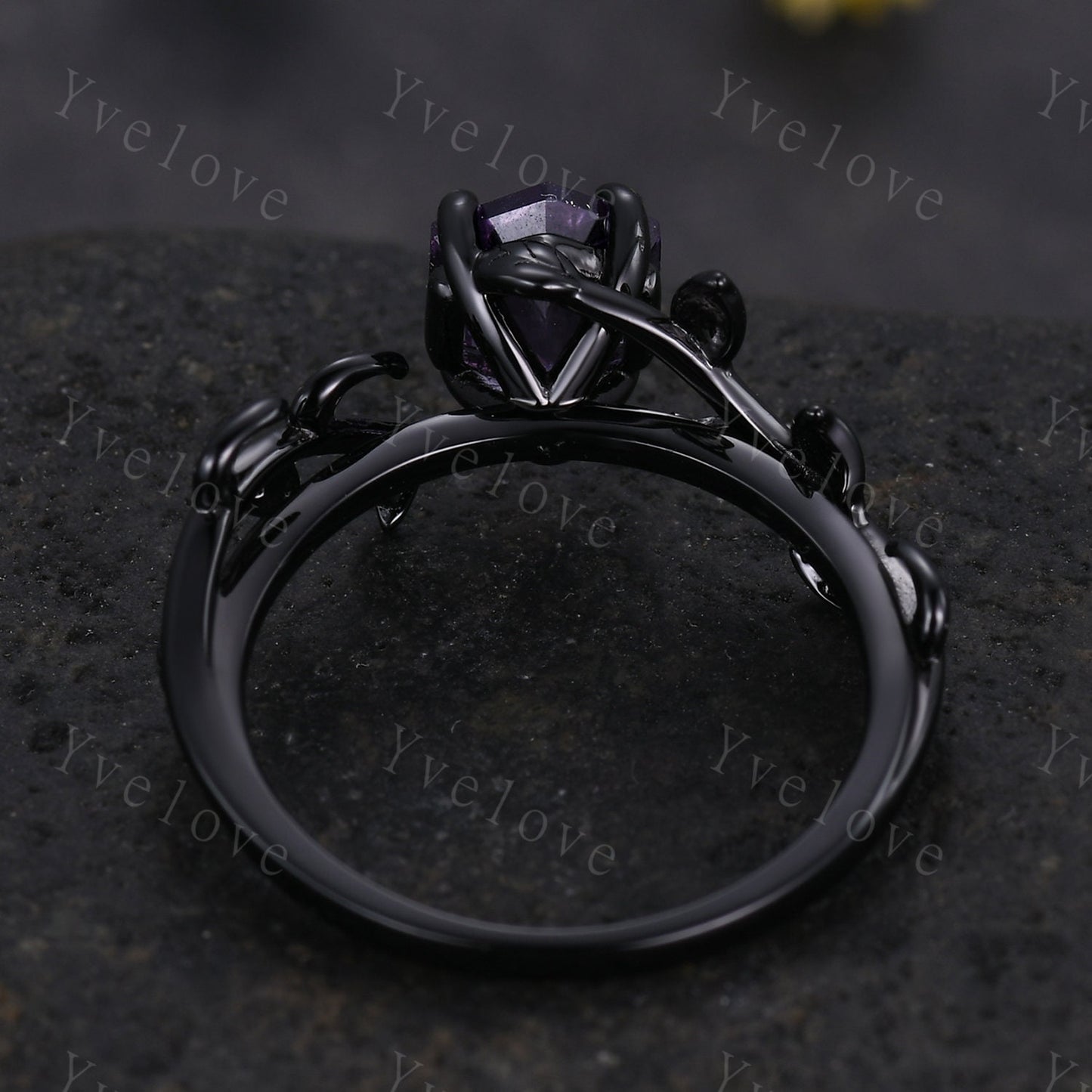 Hexagon Amethyst Ring,Vintage Twig Vine Leaf Ring,Unique Amethyst Engagement Ring,Purple Amethyst Ring,Silver Black Promise Bridal Ring Gift