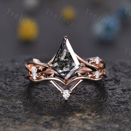 Vintage Kite Shaped Salt and Pepper Diamond Engagement Ring Set,Leaf Vines Moissanite Bridal Set,Branch Ring,Dainty Twig Diamond Ring Gift