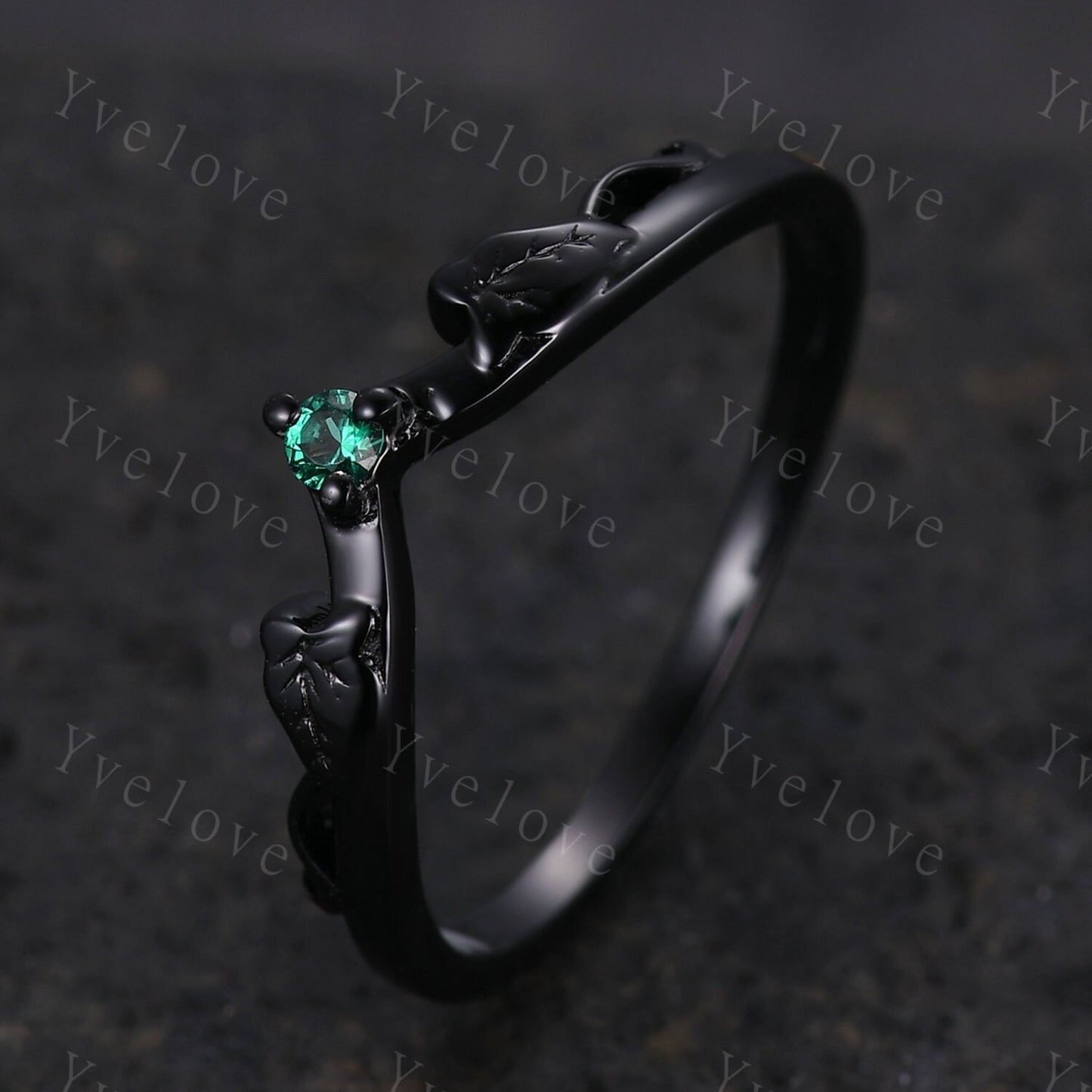 Minimalist Emerald Twig Engagement Ring,Twig Leaf Matching Band,Women Vine Band,Art Deco V Curved Branch Wedding Band,Black Gold Ring Gift